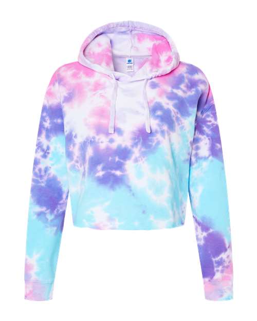 Colortone Women's Tie-Dyed Crop Hooded Sweatshirt in Cotton Candy