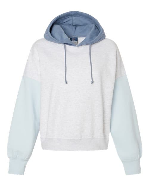 MV Sport Women's Sueded Fleece Colorblocked Crop Hooded Sweatshirt in Arctic Blue