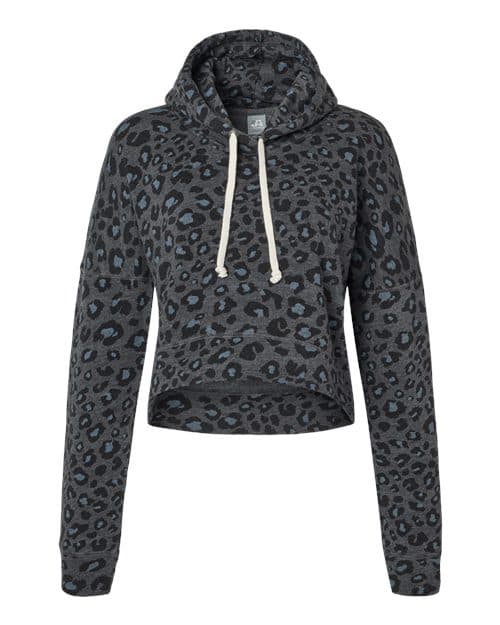 J. America Women's Crop Hooded Sweatshirt in Black Leopard Triblend