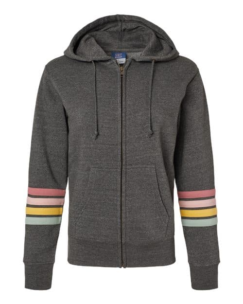 MV Sport Women's Striped Sleeves Full-Zip Hooded Sweatshirt in Charcoal