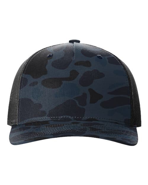 Richardson Printed Five-Panel Trucker Cap in Admiral Duck Camo/ Black