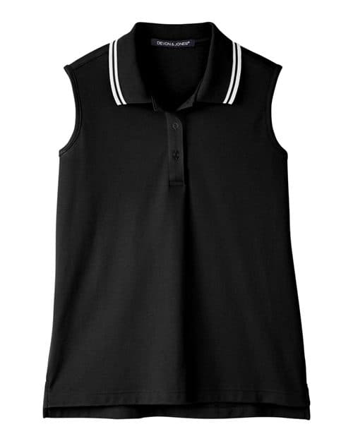Devon & Jones Women's CrownLux Performance® Plaited Tipped Sleeveless Polo in Black/ White