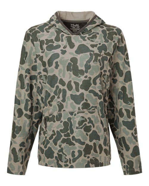 HUK Women's Coldfront+ KC Print Hooded Sweatshirt in Volcanic Ash