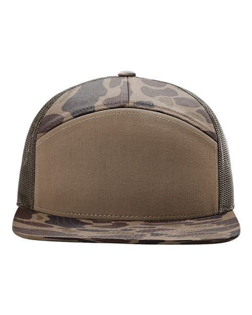 Richardson Printed Seven-Panel Trucker Cap in Bark Duck Camo/ Brown
