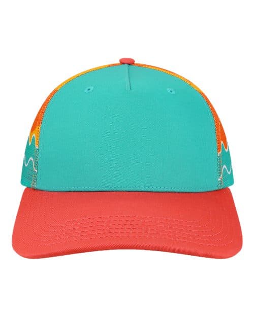 LOCALE Plain Front Five-Panel Trucker Cap in Aqua/ Wavy Sunset/ Coral
