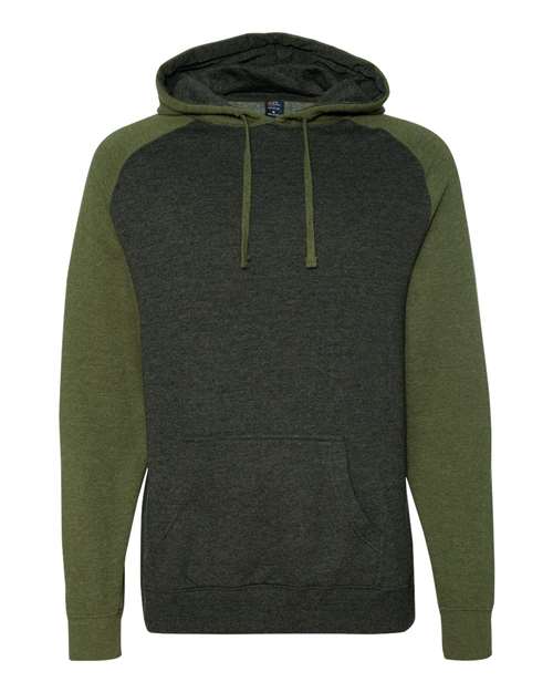 Independent Trading Co. Unisex Raglan Hooded Sweatshirt in Charcoal Heather/ Army Heather