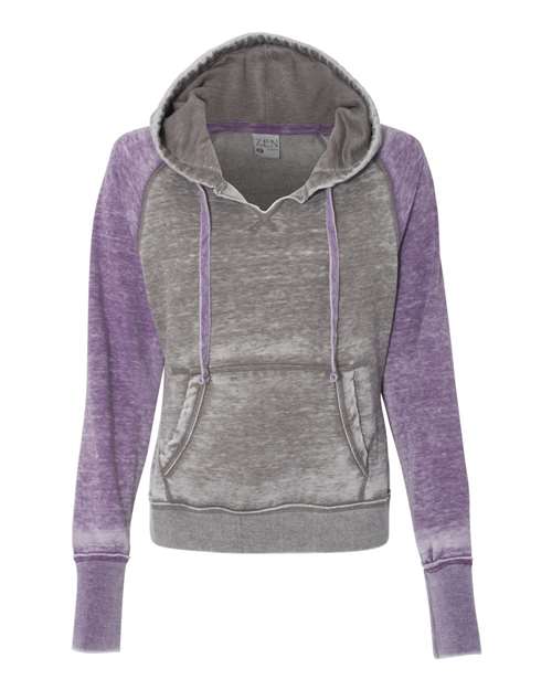 J. America Women's Zen Fleece Raglan Hooded Sweatshirt in Cement/ Very Berry