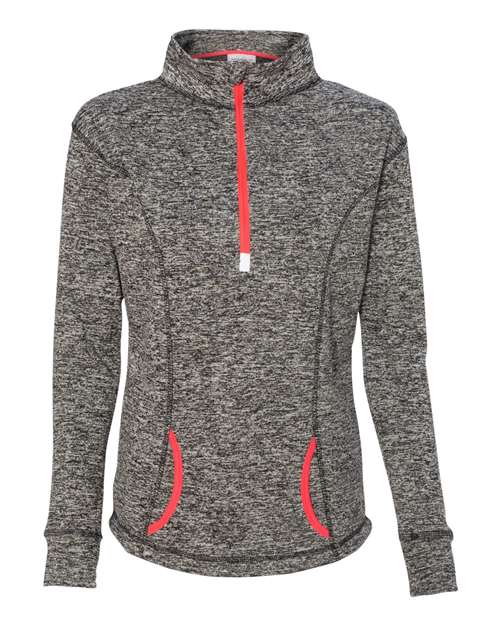 J. America Women's Cosmic Fleece Quarter-Zip Pullover in Charcoal Fleck/ Fire Coral
