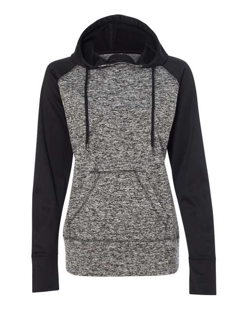 J. America Women’s Colorblocked Cosmic Fleece Hooded Sweatshirt in Charcoal Fleck/ Black