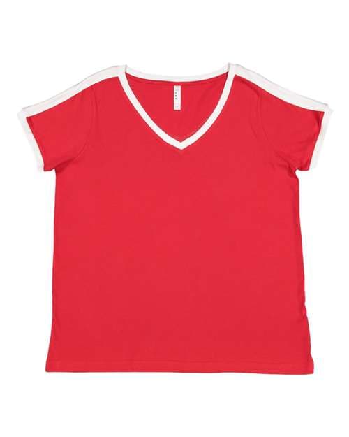 LAT Women's Curvy Retro Ringer Premium Jersey V-Neck Tee