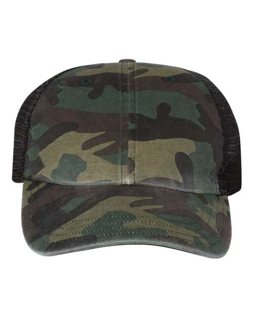 Richardson Garment Washed Printed Trucker Cap in Green Camo/ Black