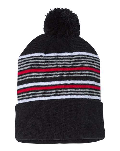 Sportsman 12" Striped Pom-Pom Cuffed Beanie in Black/ White/ Grey/ Red
