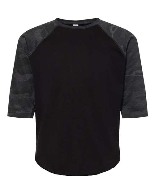 LAT Youth Baseball Fine Jersey Three-Quarter Sleeve Tee in Black/ Storm Camo