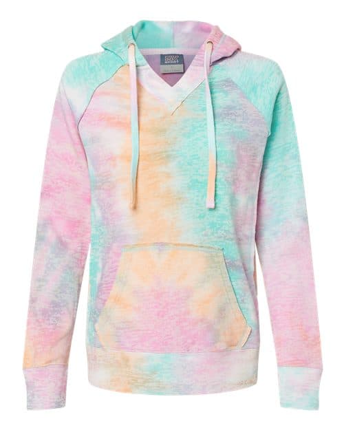 MV Sport Women’s Courtney Burnout V-Notch Hooded Sweatshirt in Rainbow Sorbet