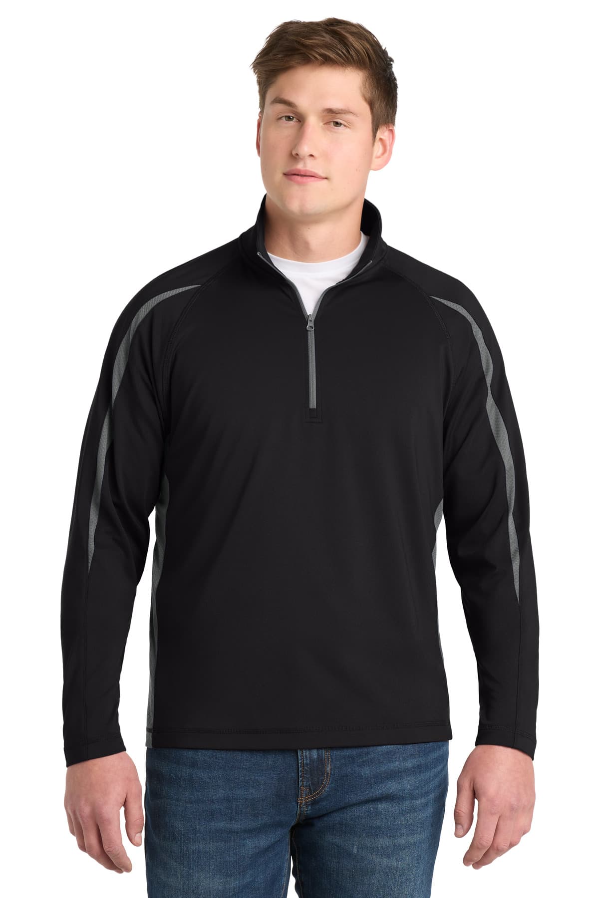 Sport-Tek Sport-Tek Sport-Wick Stretch 1/4-Zip Colorblock Pullover. ST851 in Black/ Charcoal Grey