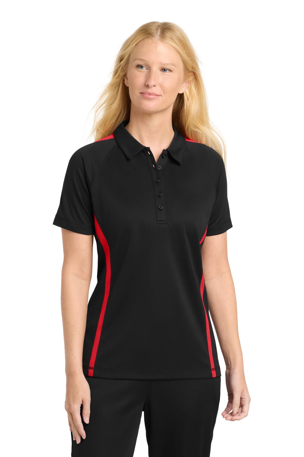Sport-Tek Sport-Tek Women's PosiCharge Micro-Mesh Colorblock Polo. LST685 in Black/ Red