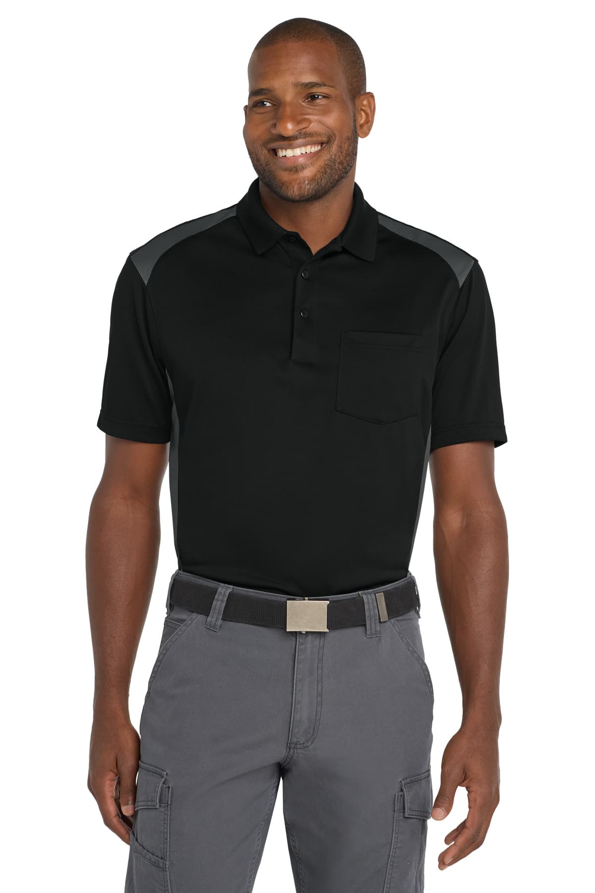 CornerStone CornerStone Select Snag-Proof Two Way Colorblock Pocket Polo. CS416 in Black/ Charcoal
