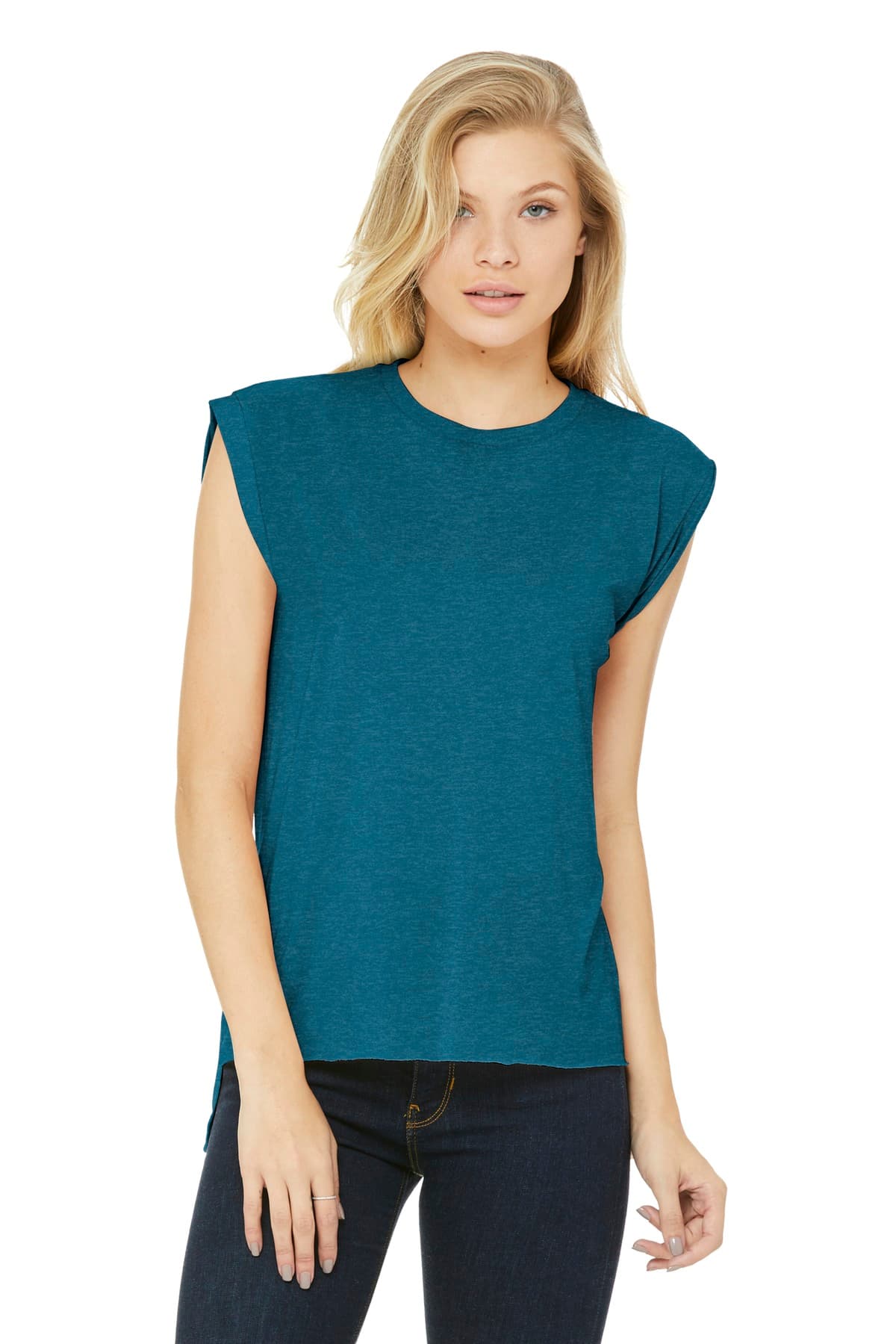 Bella + Canvas BELLA+CANVAS Women's Flowy Muscle Tee with Rolled Cuffs BC8804 in Heather Deep Teal