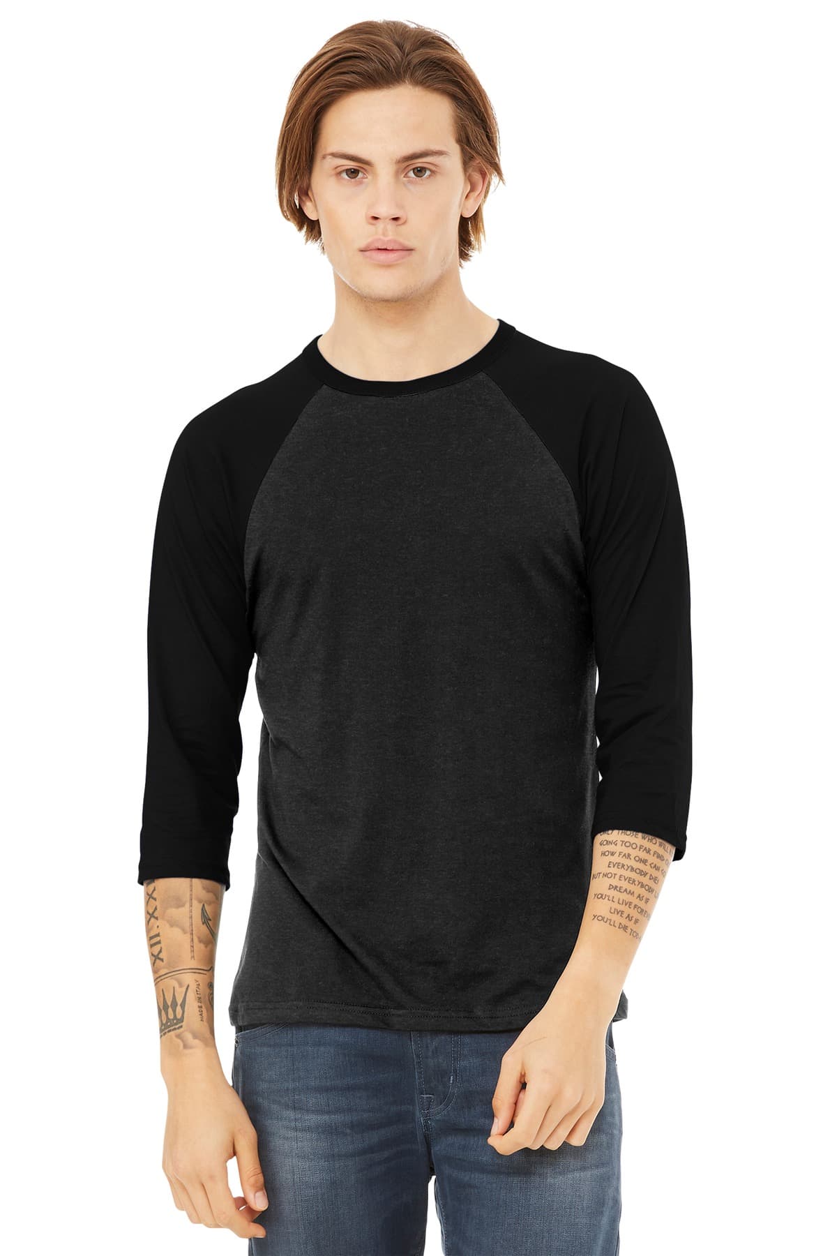 Bella + Canvas BELLA+CANVAS  Unisex 3/4-Sleeve Baseball Tee. BC3200 in Black Heather/ Black