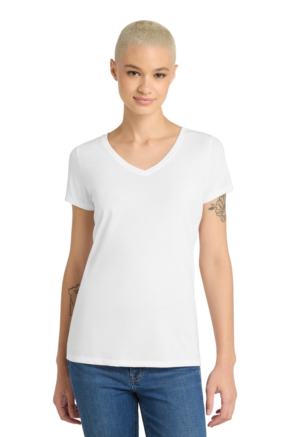 District District Women's Perfect Tri V-Neck Tee. DM1350L in White