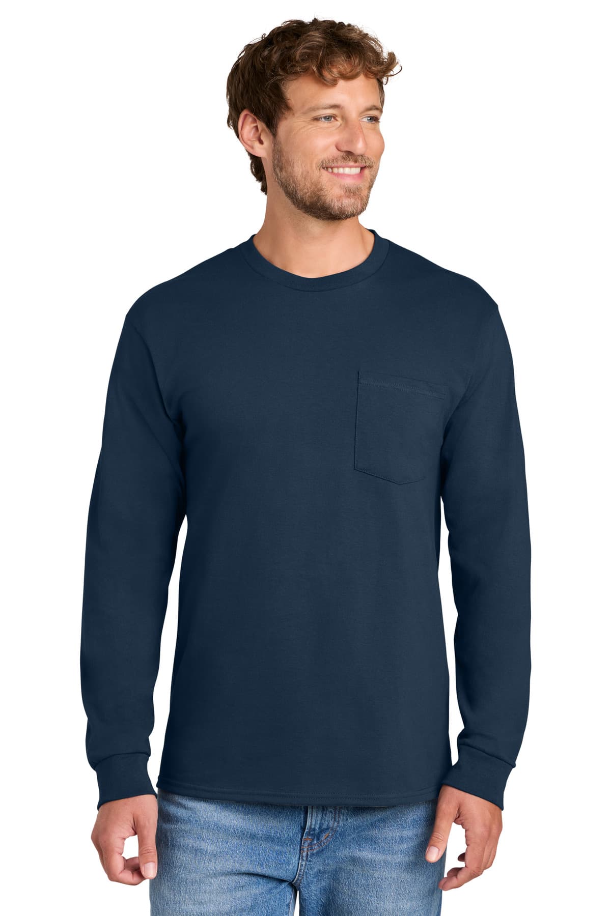 Port & Company Port & Co Long Sleeve Essential Pocket Tee.  PC61LSP in Navy