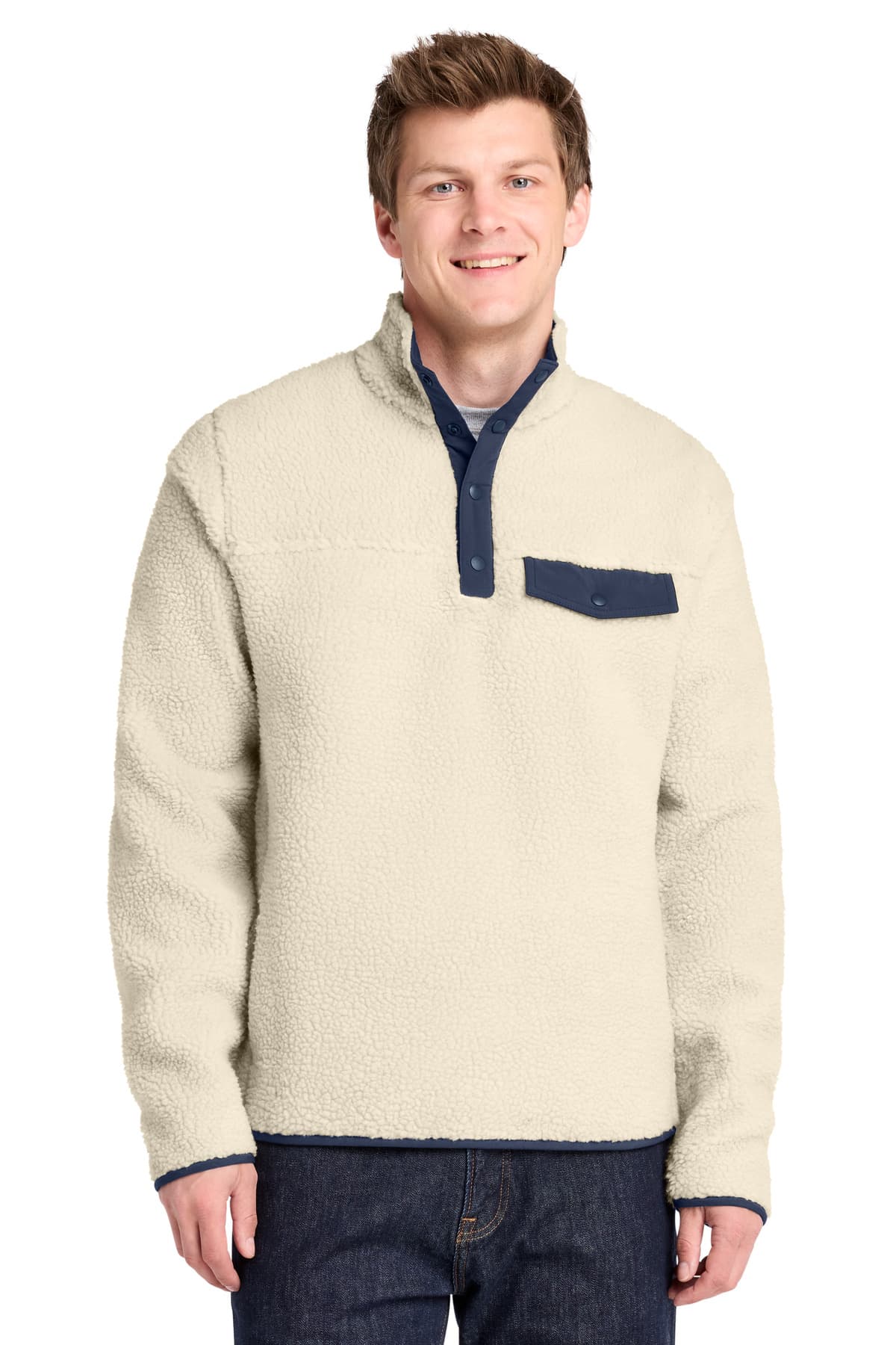 Port Authority Port Authority Camp Fleece Snap Pullover F140 in Oat/ Dress Blue Navy