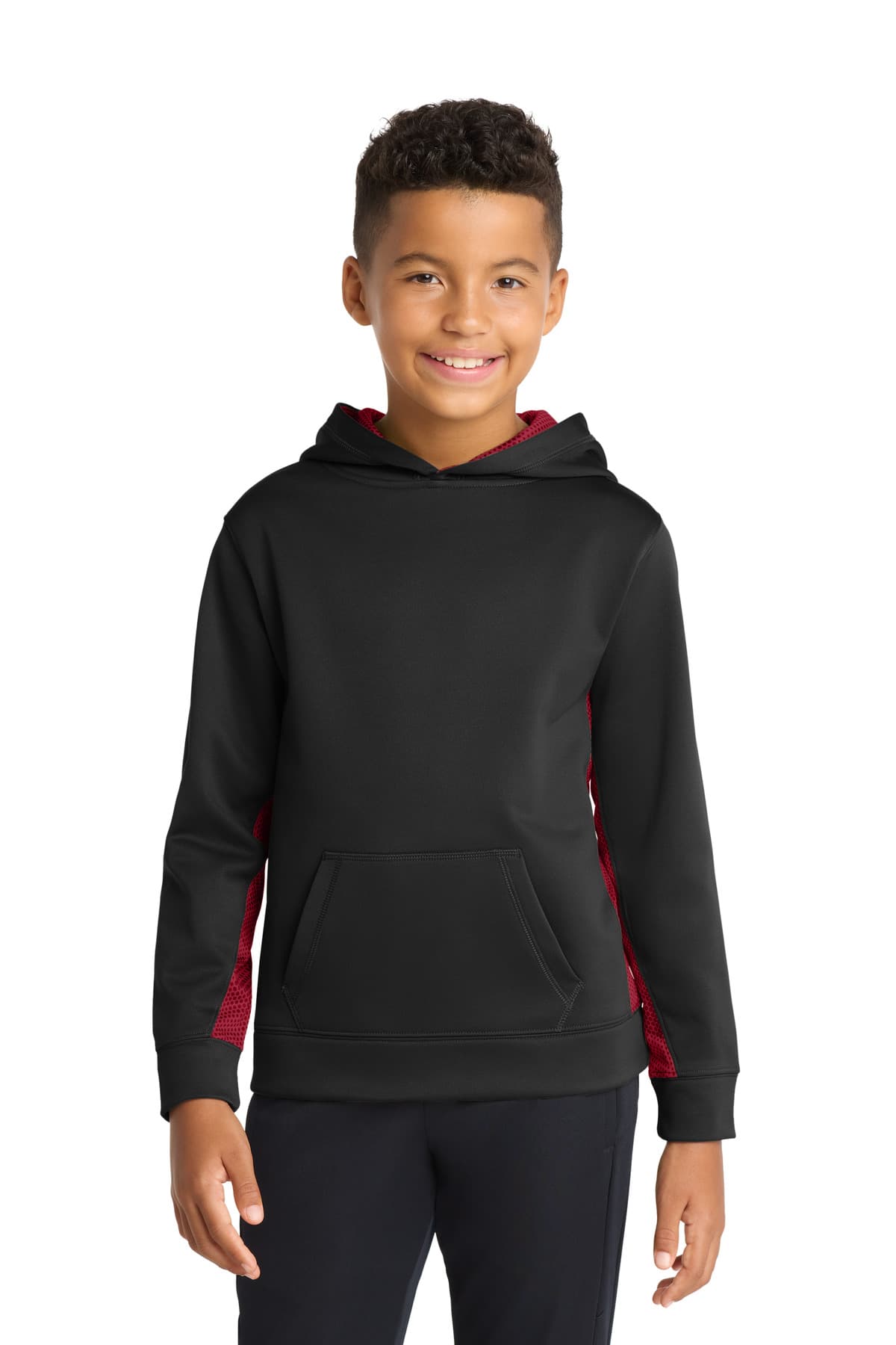 Sport-Tek Sport-Tek Youth Sport-Wick CamoHex Fleece Colorblock Hooded Pullover.  YST239 in Black/ Deep Red