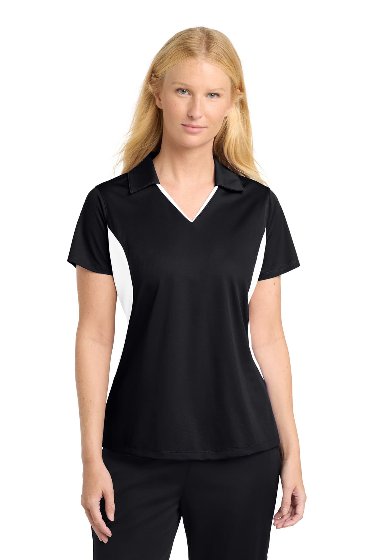 Sport-Tek Sport-Tek Women's Side Blocked Micropique Sport-Wick Polo. LST655 in Black/ White