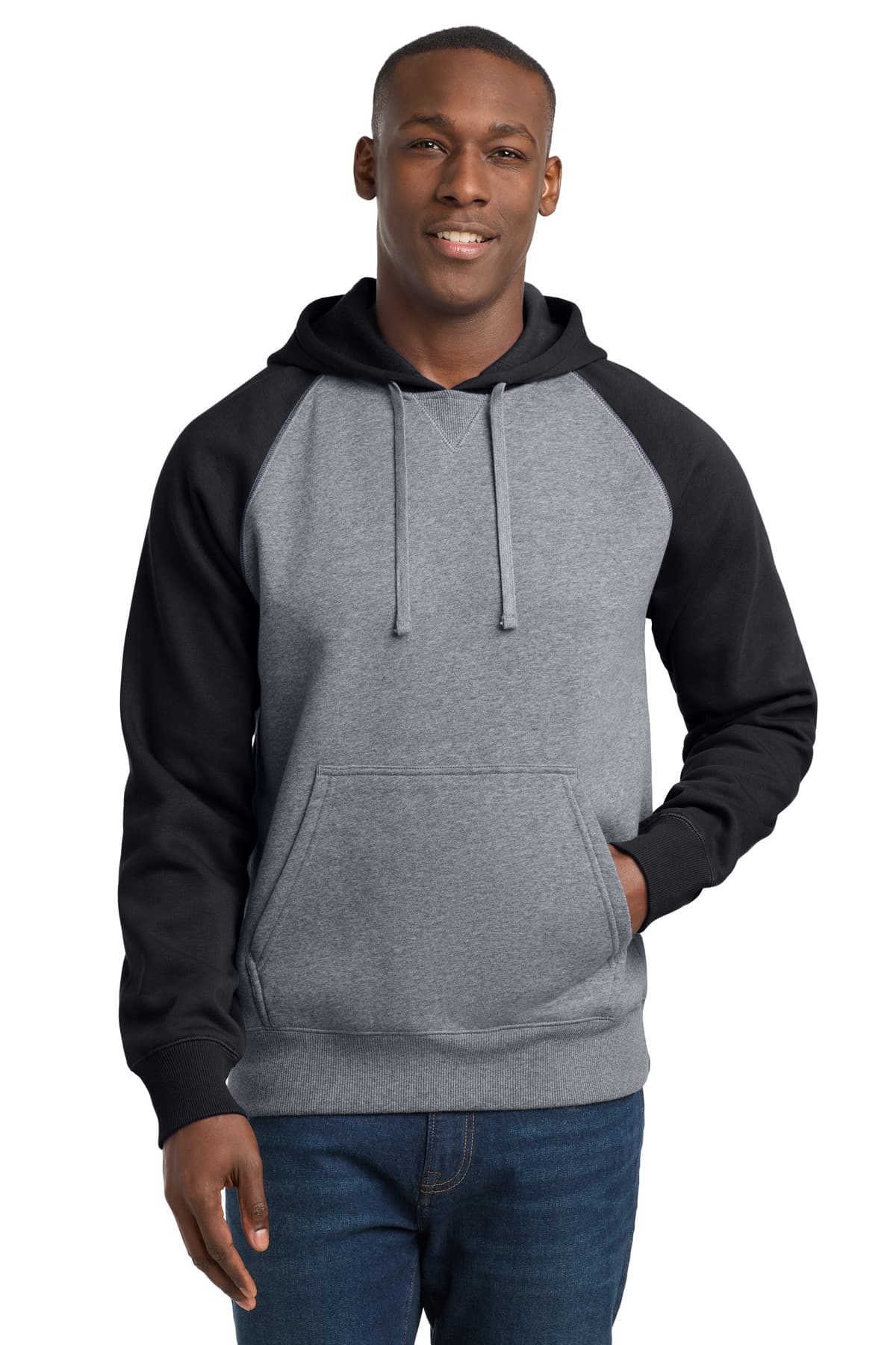 Sport-Tek Sport-Tek Raglan Colorblock Pullover Hooded Sweatshirt. ST267 in Black/ Vintage Heather