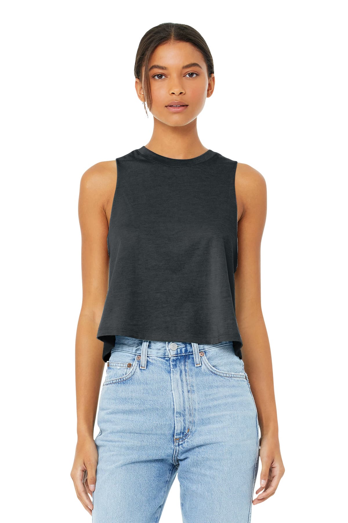 Bella + Canvas BELLA+CANVAS  Women's Racerback Cropped Tank. BC6682 in Dark Grey Heather
