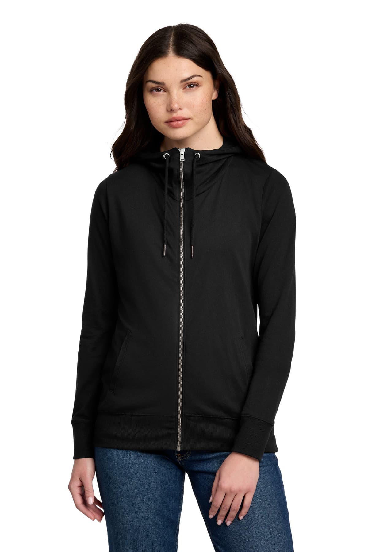 District District Women's Featherweight French Terry Full-Zip Hoodie DT673 in Black