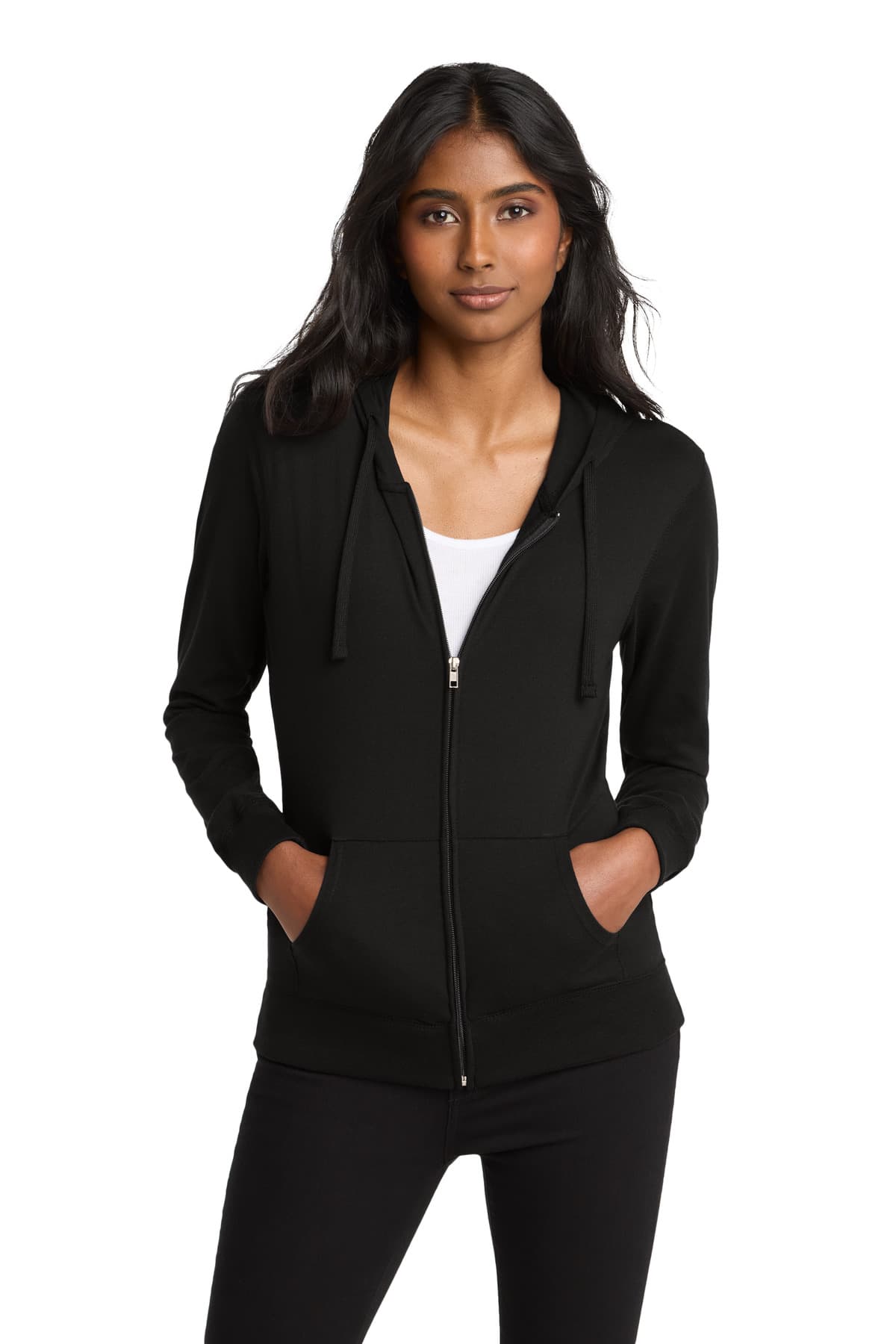 District District Women's Fitted Jersey Full-Zip Hoodie. DT2100 in Black