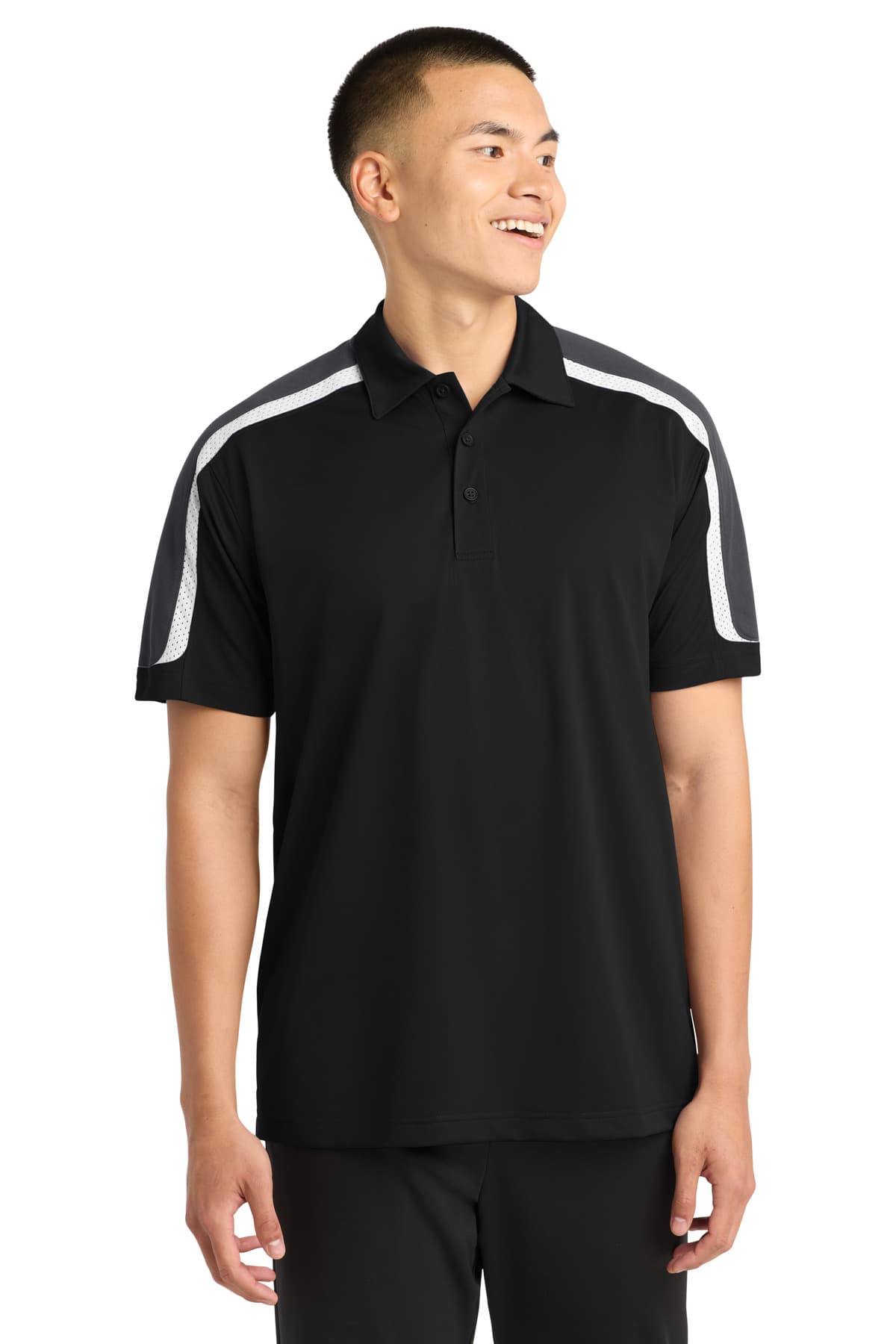 Sport-Tek Sport-Tek Tricolor Shoulder Micropique Sport-Wick Polo. ST658 in Black/ Iron Grey/ White