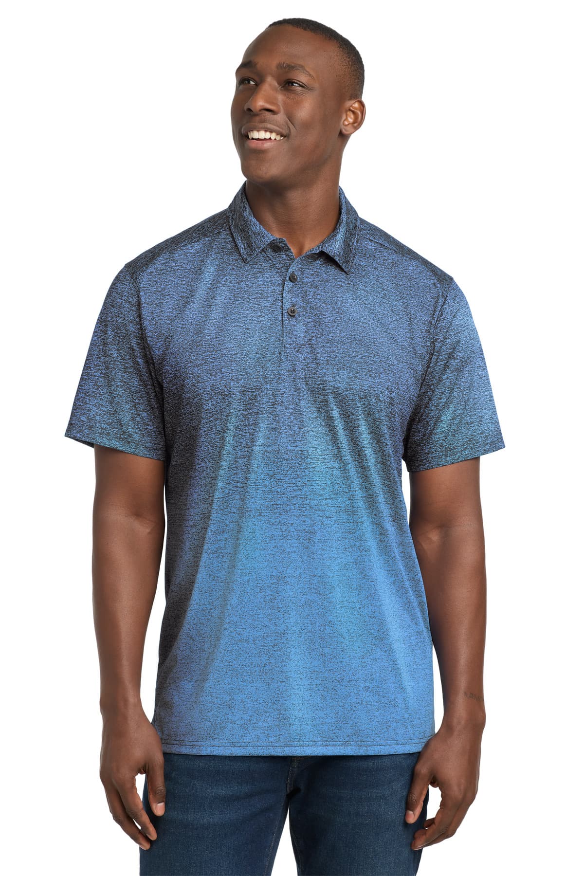 Sport-Tek Sport-Tek  Ombre Heather Polo. ST671 in Carolina Blue/ True Navy