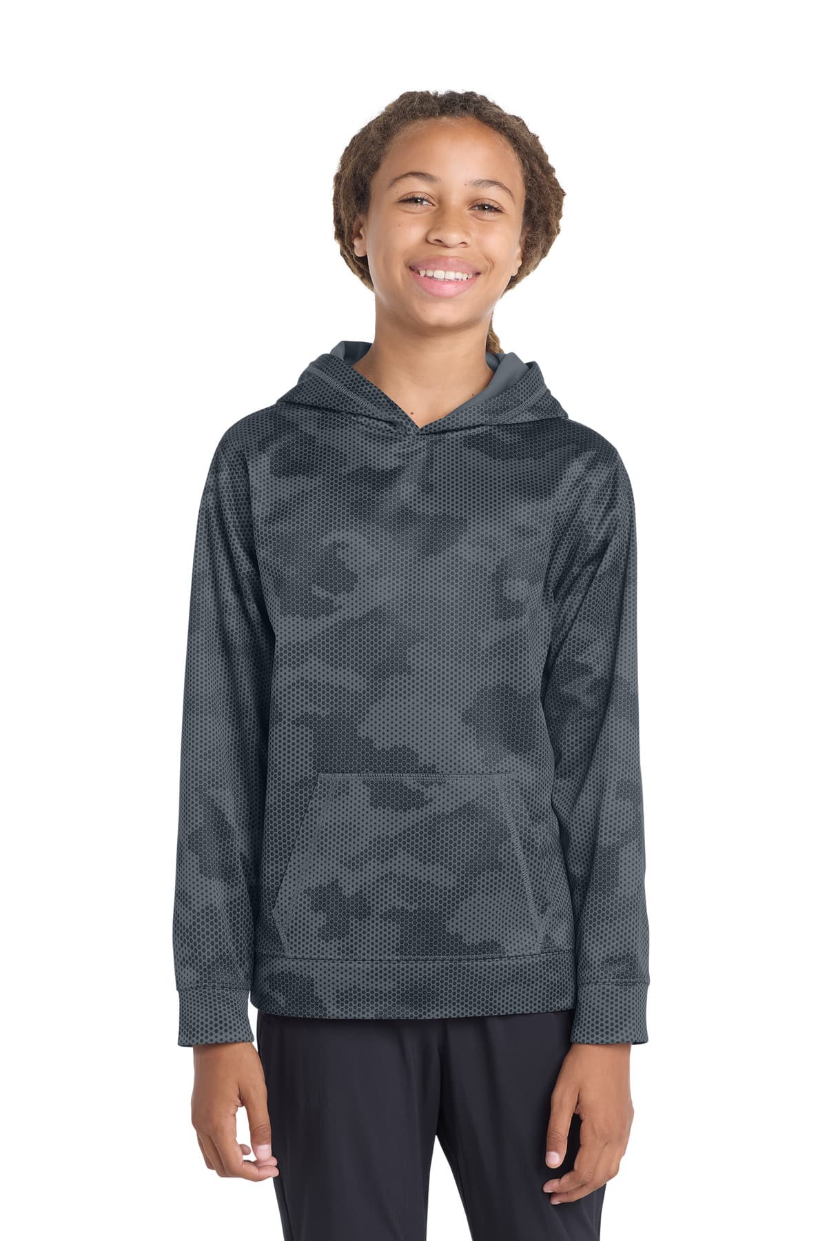 Sport-Tek Sport-Tek Youth Sport-Wick CamoHex Fleece Hooded Pullover.  YST240 in Dark Smoke Grey