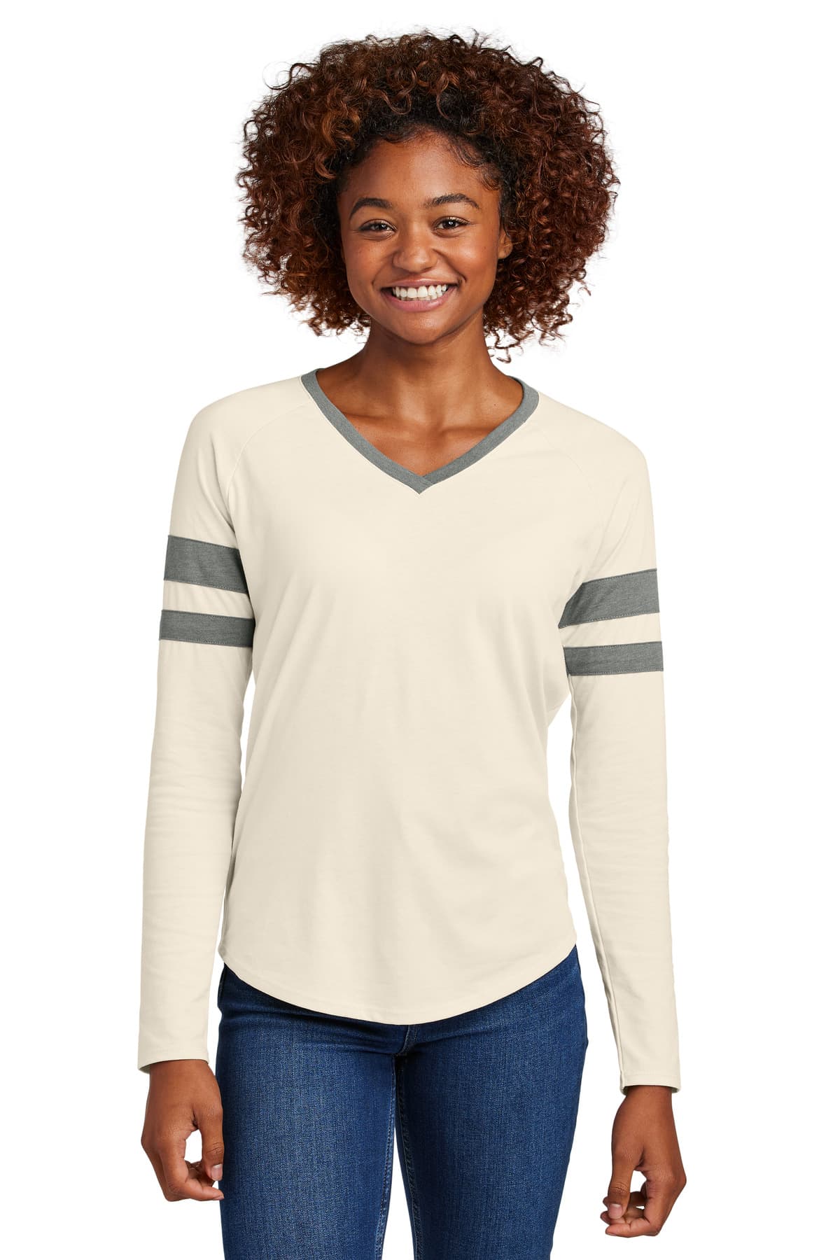 Sport-Tek Sport-Tek Women's Halftime Stripe Long Sleeve V-Neck Tee LST6043 in Vintage Heather/ Ecru