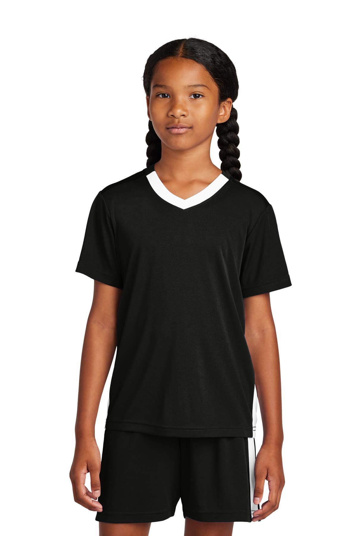 Sport-Tek Sport-Tek Youth Competitor United V-Neck YST101 in Black/ White