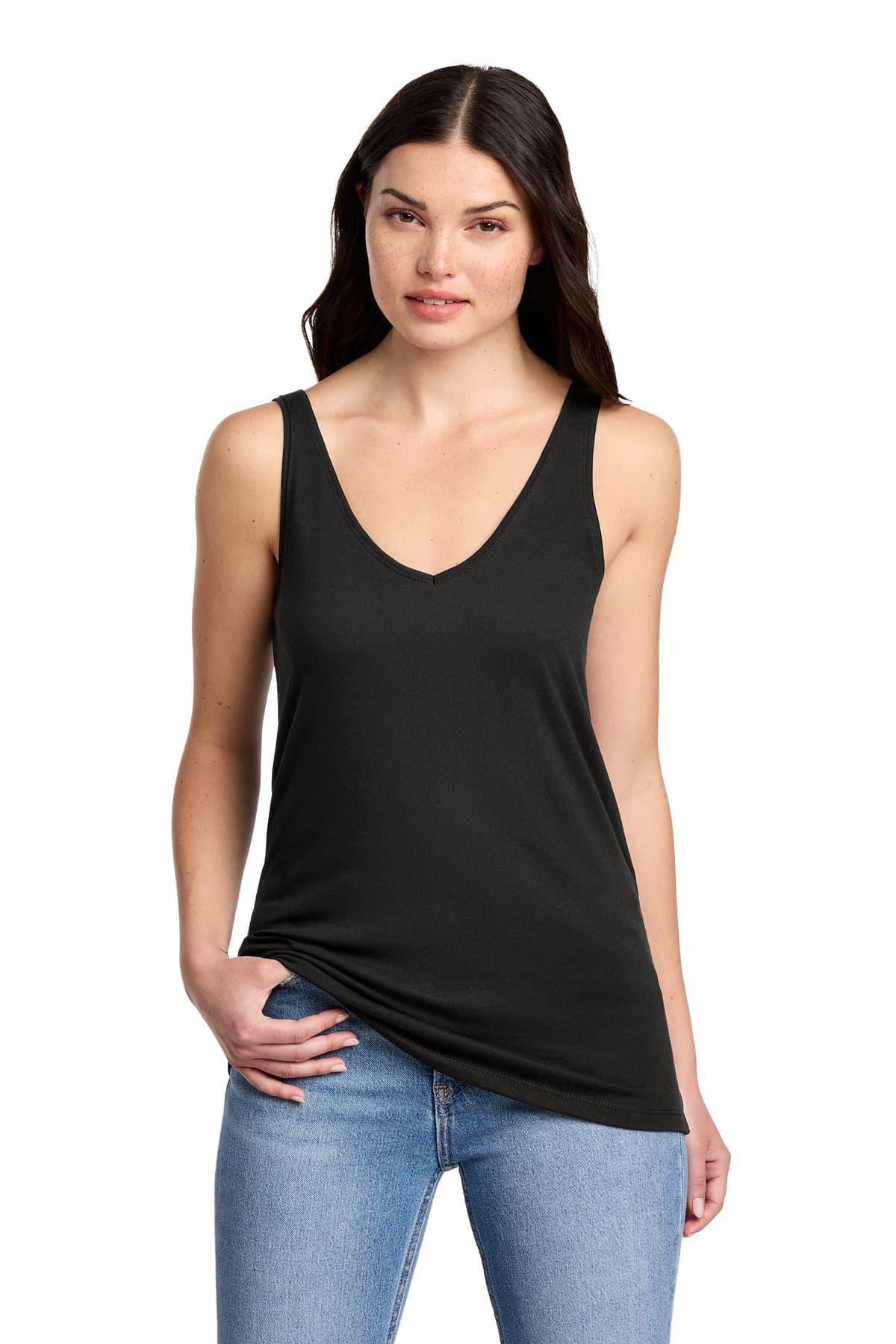 District District Women's Perfect Blend CVC V-Neck Tank DT154 in Black