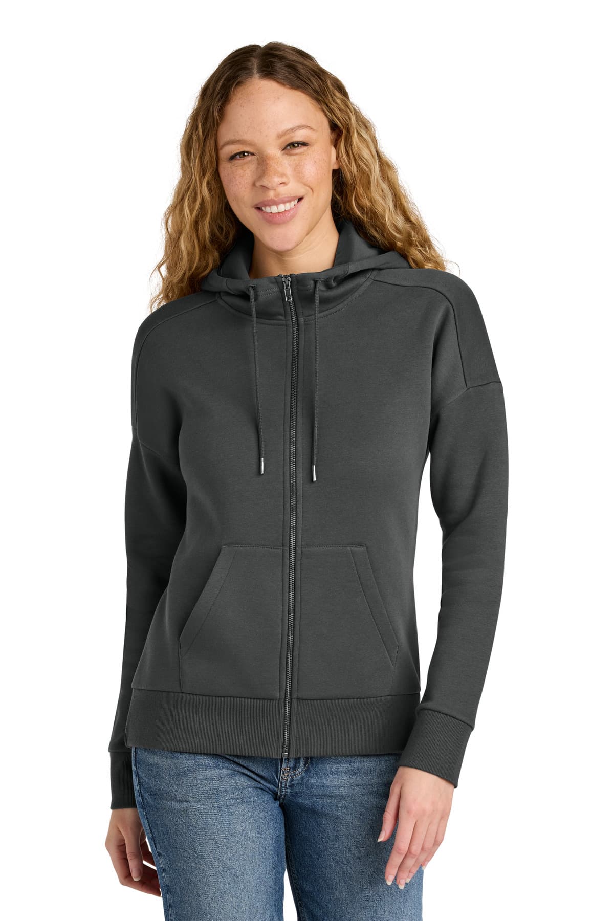District District  Women's Perfect Weight  Fleece Drop Shoulder Full-Zip Hoodie DT1104 in Charcoal
