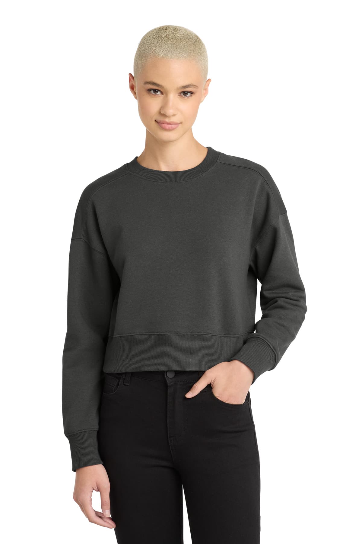 District District  Women's Perfect Weight  Fleece Cropped Crew DT1105 in Charcoal