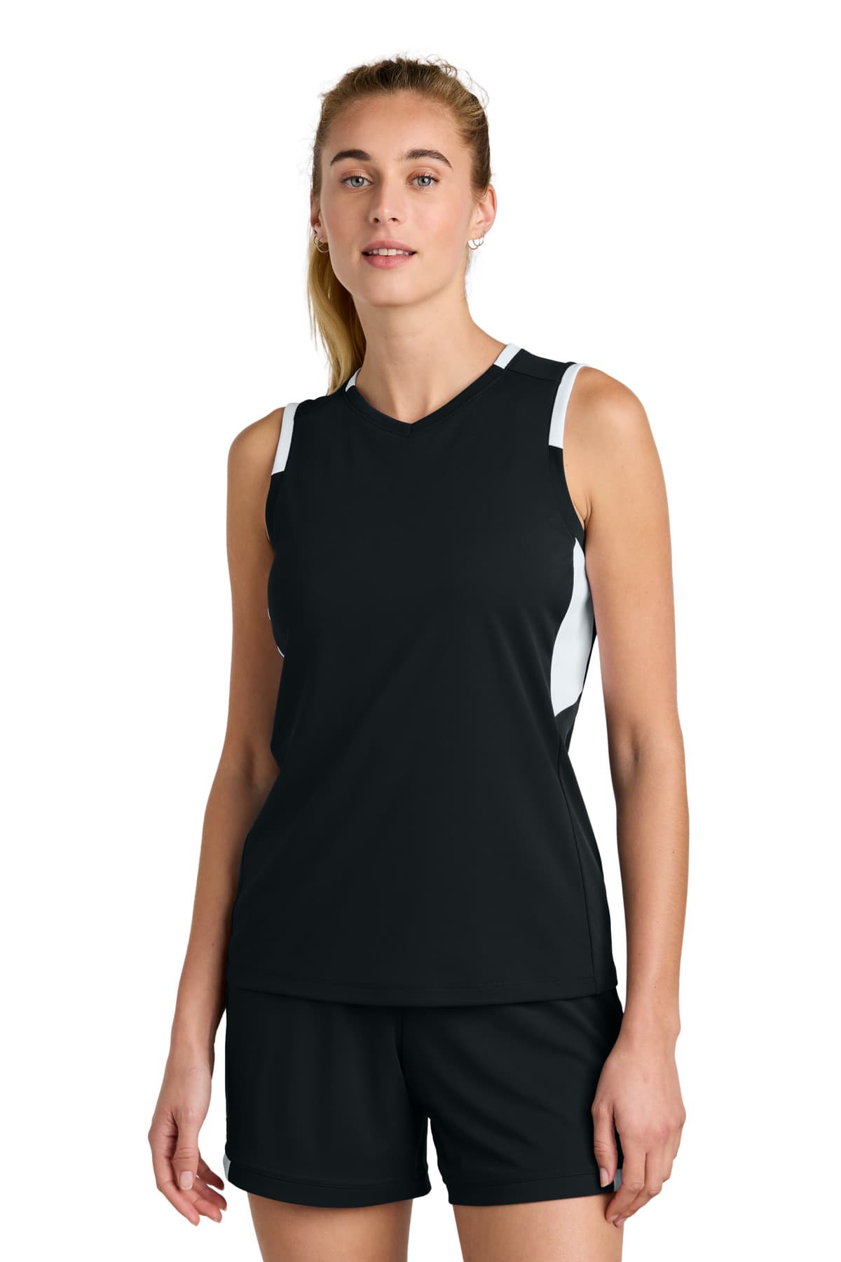 Sport-Tek Sport-Tek Women's Club Sleeveless V-Neck LST441 in Black/ White