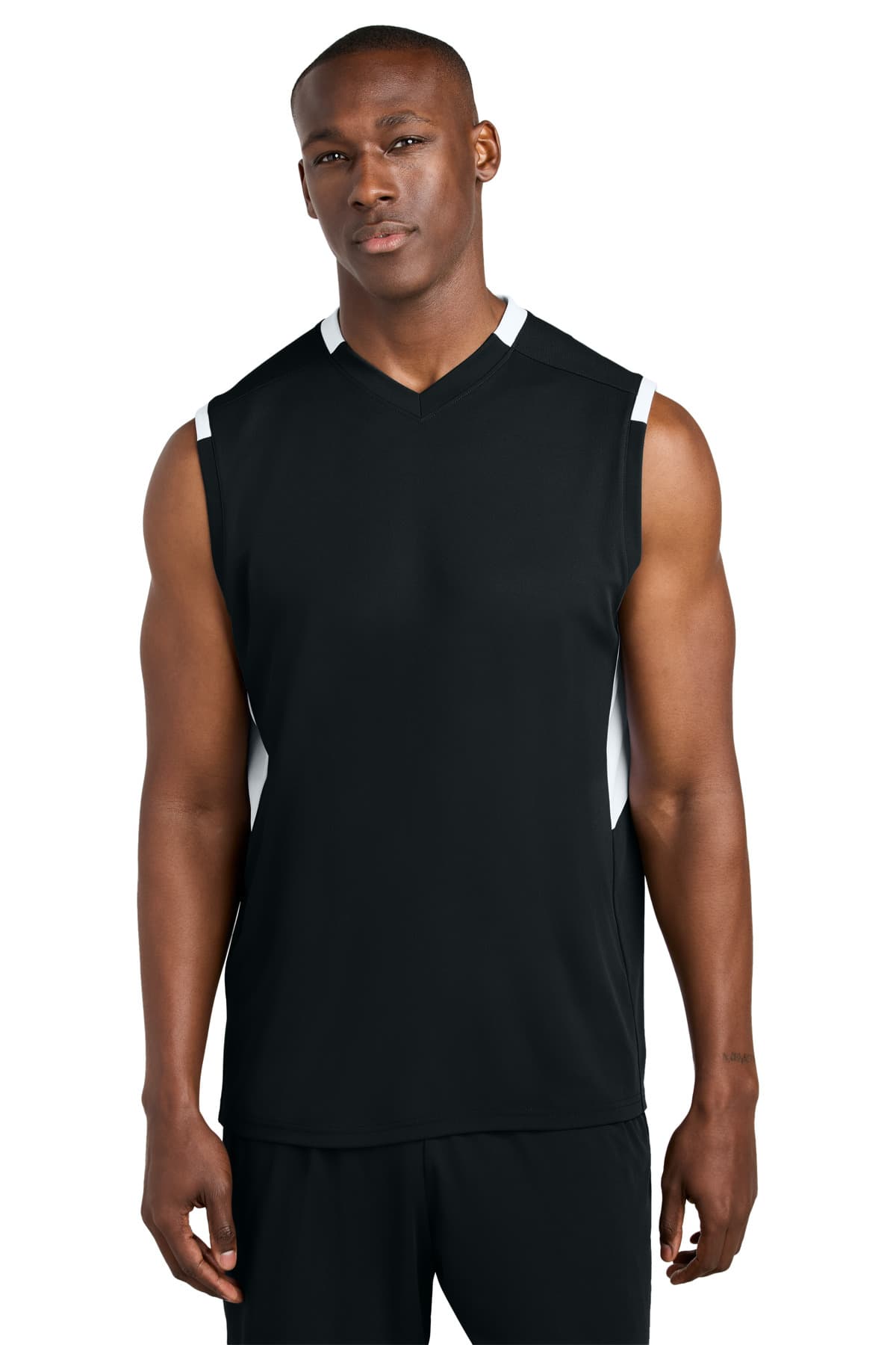 Sport-Tek Sport-Tek Club Sleeveless V-Neck ST441 in Black/ White