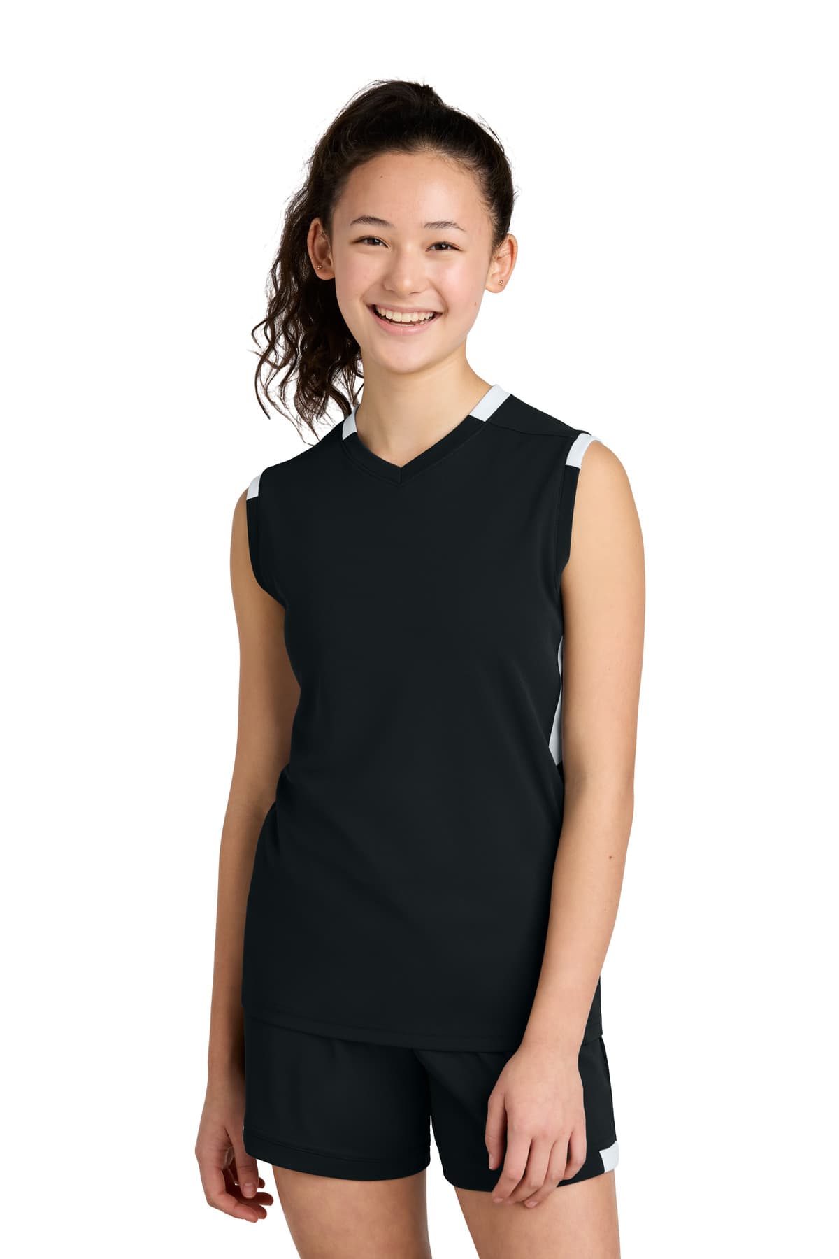 Sport-Tek Sport-Tek Youth Club Sleeveless V-Neck YST441 in Black/ White