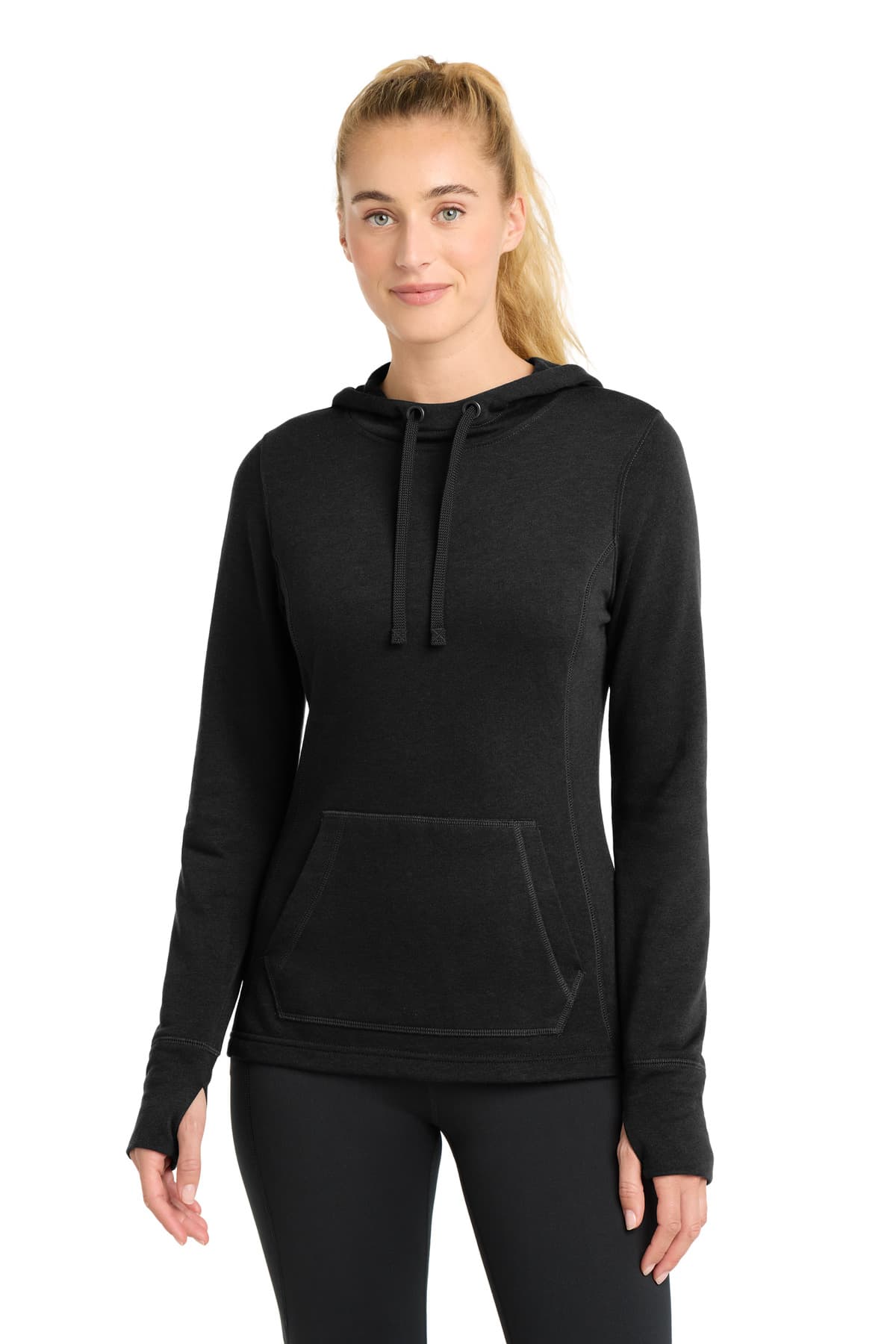 Sport-Tek Sport-Tek  Women's PosiCharge  Tri-Blend Wicking Fleece Hooded Pullover. LST296 in Black Triad Solid
