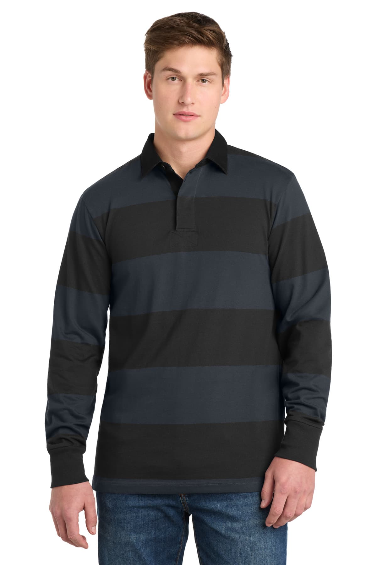 Sport-Tek Sport-Tek Classic Long Sleeve Rugby Polo. ST301 in Black/ Graphite