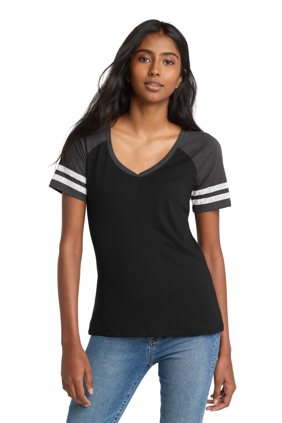 District District  Women's Game V-Neck Tee. DM476 in Black/ Heathered Charcoal