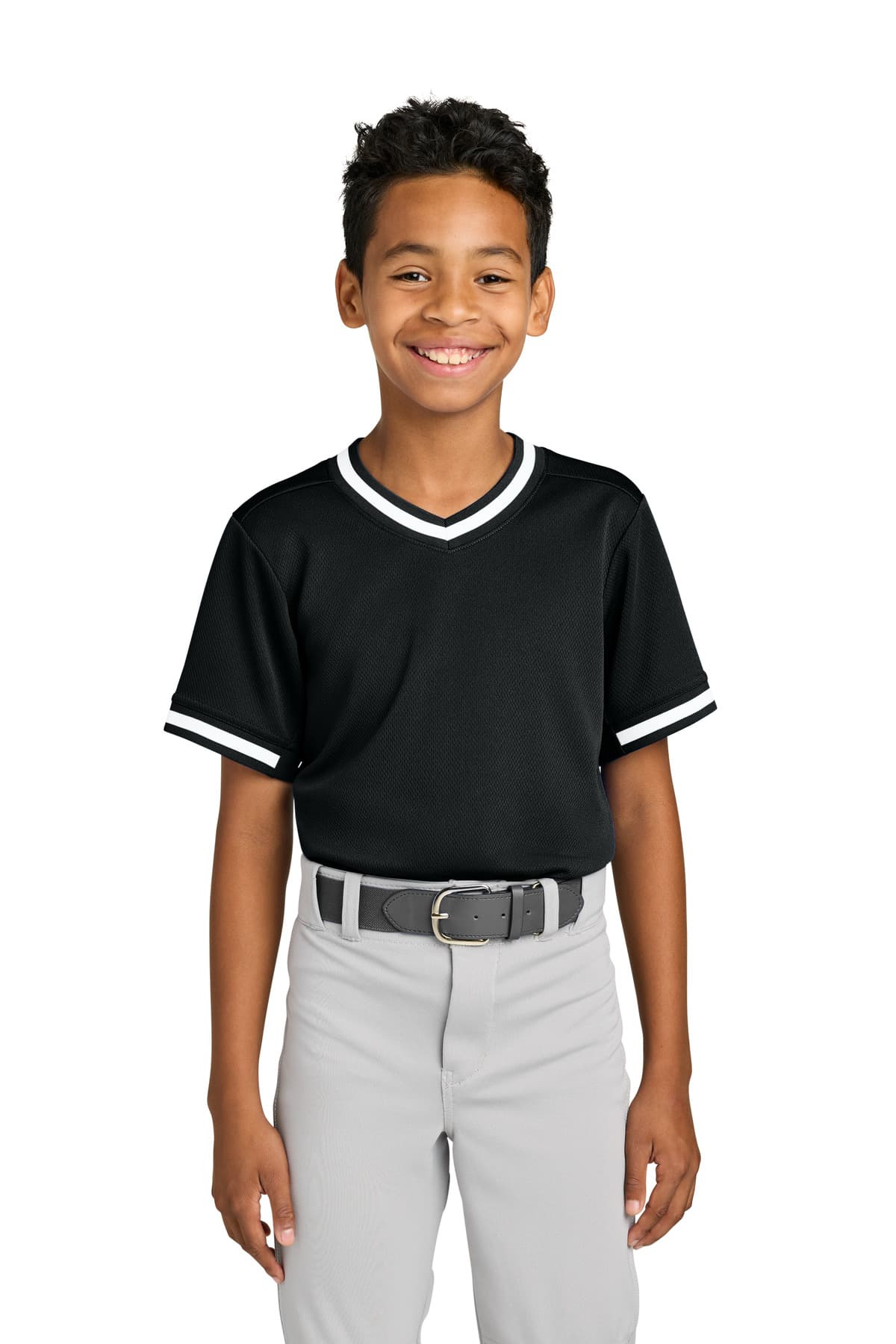 Sport-Tek Sport-Tek Youth Tough Mesh V-Neck Baseball Jersey YST221 in Black