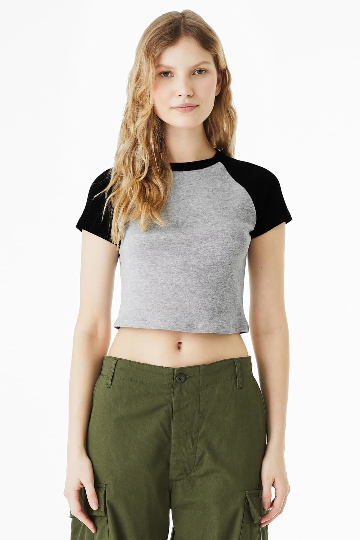 Bella + Canvas BELLA+CANVAS Women's Micro Rib Raglan Baby Tee BC1201 in Athletic Heather/ Black