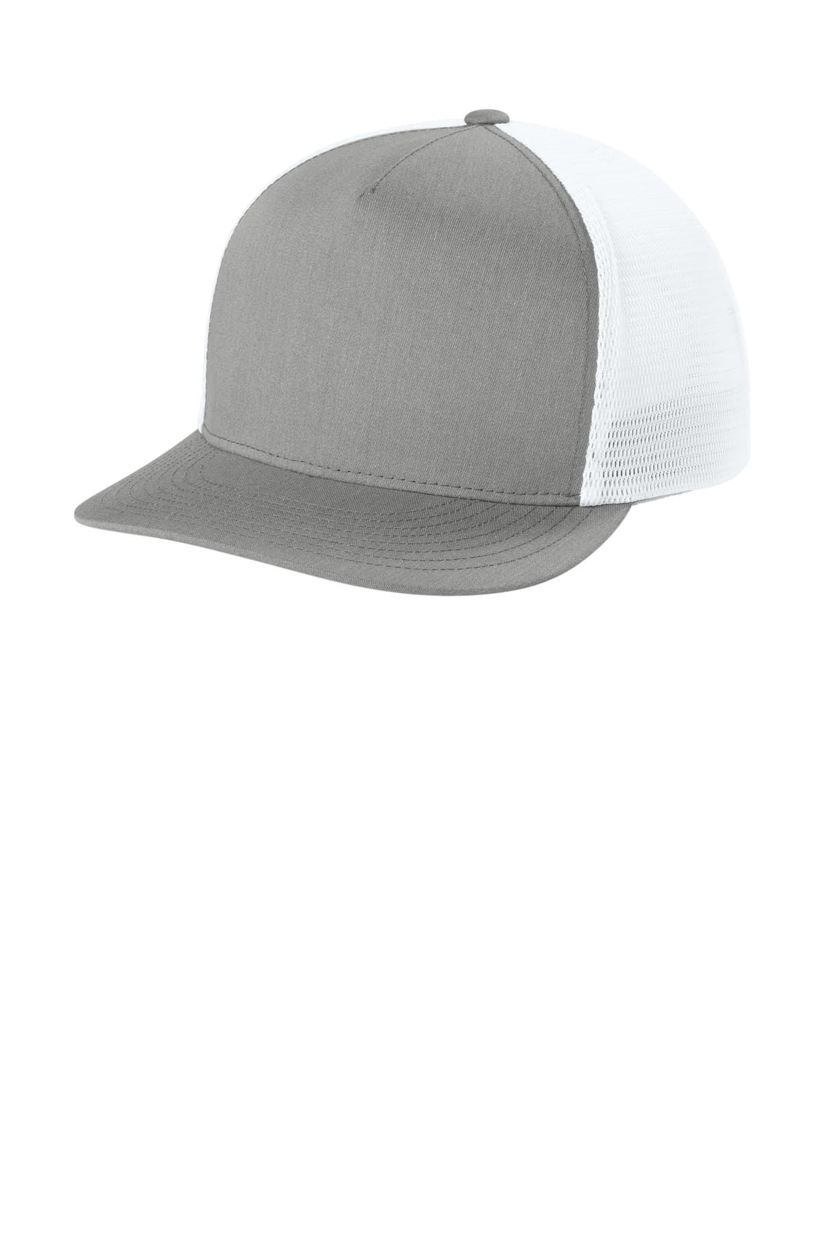 Sport-Tek Sport-Tek Stretch-Tek 5-Panel Trucker Cap STC75 in Heather Grey/ White