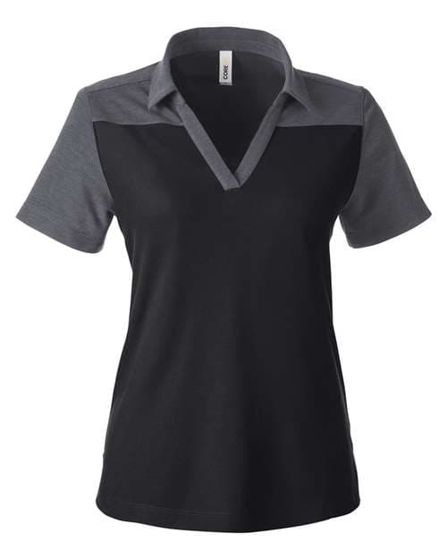 CORE365 Women's Fusion ChromaSoft™ Colorblock Polo in Black/ Carbon Heather